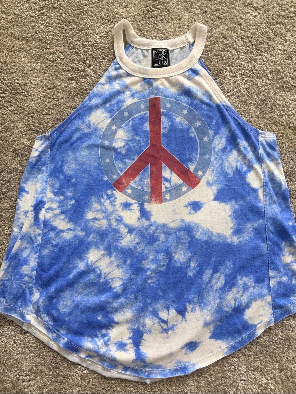 Modern Lux White and Blue Tie-Dye Tank with Red Peace Graphic